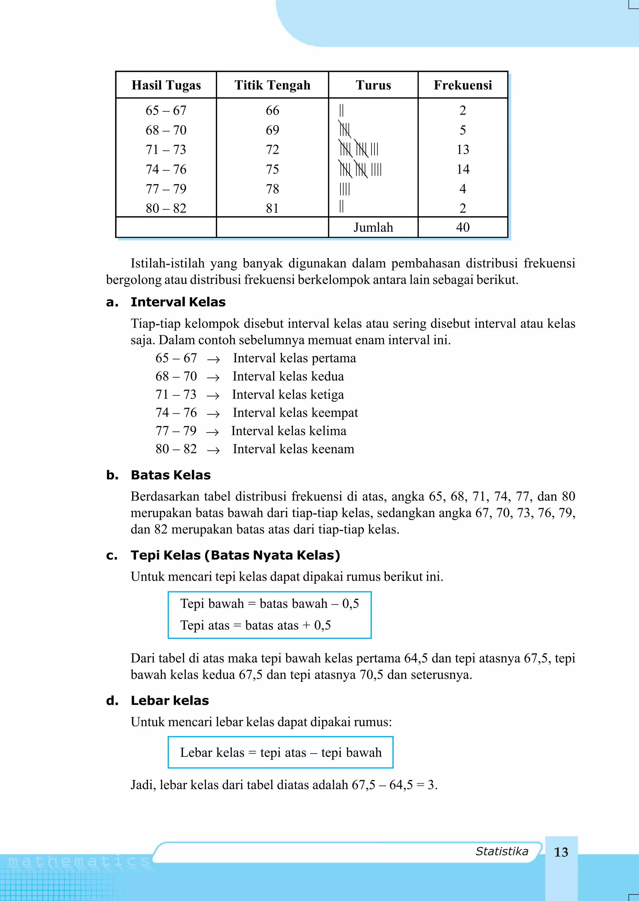 Hasil Tugas        Titik Tengah              Turus        Frekuensi
       65 – 67                66             ||                     2
       68 – 70                69             ||||                   5
       71 – 73                72             |||| |||| |||         13
       74 – 76                75             |||| |||| ||||        14
       77 – 79                78             ||||                   4
       80 – 82                81             ||                     2
                                                 Jumlah            40

    Istilah-istilah yang banyak digunakan dalam pembahasan distribusi frekuensi
bergolong atau distribusi frekuensi berkelompok antara lain sebagai berikut.
a. Interval Kelas
     Tiap-tiap kelompok disebut interval kelas atau sering disebut interval atau kelas
     saja. Dalam contoh sebelumnya memuat enam interval ini.
          65 – 67 → Interval kelas pertama
          68 – 70 → Interval kelas kedua
          71 – 73 → Interval kelas ketiga
          74 – 76 → Interval kelas keempat
          77 – 79 → Interval kelas kelima
          80 – 82 → Interval kelas keenam
b. Batas Kelas
     Berdasarkan tabel distribusi frekuensi di atas, angka 65, 68, 71, 74, 77, dan 80
     merupakan batas bawah dari tiap-tiap kelas, sedangkan angka 67, 70, 73, 76, 79,
     dan 82 merupakan batas atas dari tiap-tiap kelas.
c.   Tepi Kelas (Batas Nyata Kelas)
     Untuk mencari tepi kelas dapat dipakai rumus berikut ini.
              Tepi bawah = batas bawah – 0,5
              Tepi atas = batas atas + 0,5

     Dari tabel di atas maka tepi bawah kelas pertama 64,5 dan tepi atasnya 67,5, tepi
     bawah kelas kedua 67,5 dan tepi atasnya 70,5 dan seterusnya.
d. Lebar kelas
     Untuk mencari lebar kelas dapat dipakai rumus:

              Lebar kelas = tepi atas – tepi bawah

     Jadi, lebar kelas dari tabel diatas adalah 67,5 – 64,5 = 3.



                                                                        Statistika   13
 