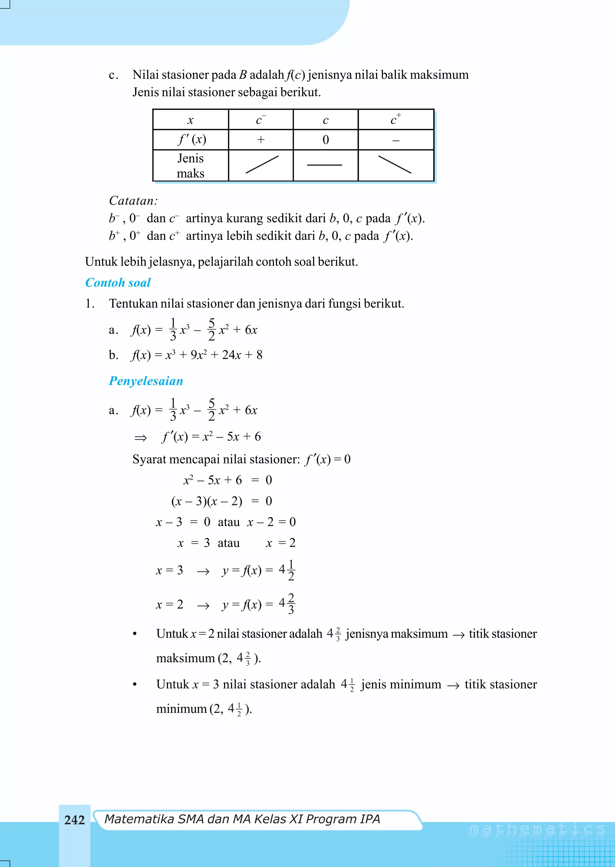 c.   Nilai stasioner pada B adalah f(c) jenisnya nilai balik maksimum
                Jenis nilai stasioner sebagai berikut.

                             x           c–          c             c+
                           f (x)         +           0             –
                           Jenis
                           maks

           Catatan:
           b– , 0– dan c– artinya kurang sedikit dari b, 0, c pada f ′(x).
           b+ , 0+ dan c+ artinya lebih sedikit dari b, 0, c pada f ′(x).
      Untuk lebih jelasnya, pelajarilah contoh soal berikut.
      Contoh soal
      1.   Tentukan nilai stasioner dan jenisnya dari fungsi berikut.
           a.   f(x) = 1 x3 – 5 x2 + 6x
                       3           2
           b.   f(x) = x + 9x + 24x + 8
                       3       2


           Penyelesaian

           a.   f(x) = 1 x3 – 5 x2 + 6x
                       3      2
                ⇒ f ′(x) = x2 – 5x + 6
                Syarat mencapai nilai stasioner: f ′(x) = 0
                            x2 – 5x + 6 = 0
                       (x – 3)(x – 2) = 0
                    x – 3 = 0 atau x – 2 = 0
                           x = 3 atau         x =2

                    x = 3 → y = f(x) = 4 1
                                         2

                    x = 2 → y = f(x) = 4 2
                                         3
                •   Untuk x = 2 nilai stasioner adalah 4 2 jenisnya maksimum → titik stasioner
                                                         3

                    maksimum (2, 4 2 ).
                                   3

                •   Untuk x = 3 nilai stasioner adalah 4 1 jenis minimum → titik stasioner
                                                         2

                    minimum (2, 4 1 ).
                                  2




242        Matematika SMA dan MA Kelas XI Program IPA
 