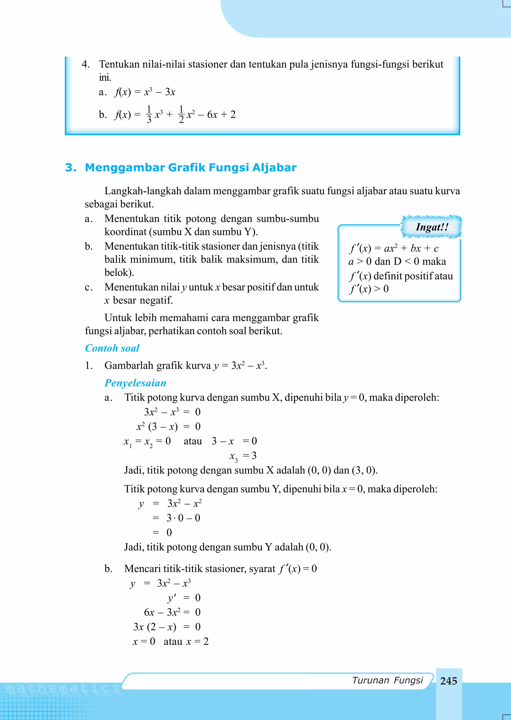 4. Tentukan nilai-nilai stasioner dan tentukan pula jenisnya fungsi-fungsi berikut
     ini.
     a. f(x) = x3 – 3x

       b. f(x) = 1 x3 + 1 x2 – 6x + 2
                 3      2



3. Menggambar Grafik Fungsi Aljabar

      Langkah-langkah dalam menggambar grafik suatu fungsi aljabar atau suatu kurva
  sebagai berikut.
  a. Menentukan titik potong dengan sumbu-sumbu
      koordinat (sumbu X dan sumbu Y).                                     Ingat!!
  b. Menentukan titik-titik stasioner dan jenisnya (titik f ′(x) = ax2 + bx + c
      balik minimum, titik balik maksimum, dan titik      a > 0 dan D < 0 maka
      belok).                                             f ′(x) definit positif atau
  c. Menentukan nilai y untuk x besar positif dan untuk   f ′(x) > 0
      x besar negatif.
      Untuk lebih memahami cara menggambar grafik
  fungsi aljabar, perhatikan contoh soal berikut.
  Contoh soal
  1.    Gambarlah grafik kurva y = 3x2 – x3.
        Penyelesaian
        a. Titik potong kurva dengan sumbu X, dipenuhi bila y = 0, maka diperoleh:
                3x2 – x3 = 0
              x (3 – x) = 0
               2

           x1 = x2 = 0 atau 3 – x = 0
                                    x3 = 3
           Jadi, titik potong dengan sumbu X adalah (0, 0) dan (3, 0).
             Titik potong kurva dengan sumbu Y, dipenuhi bila x = 0, maka diperoleh:
                 y = 3x2 – x2
                     = 3⋅ 0 – 0
                     = 0
             Jadi, titik potong dengan sumbu Y adalah (0, 0).
        b.   Mencari titik-titik stasioner, syarat f ′(x) = 0
              y = 3x2 – x3
                       y' = 0
                  6x – 3x2 = 0
               3x (2 – x) = 0
               x = 0 atau x = 2


                                                                Turunan Fungsi         245
 