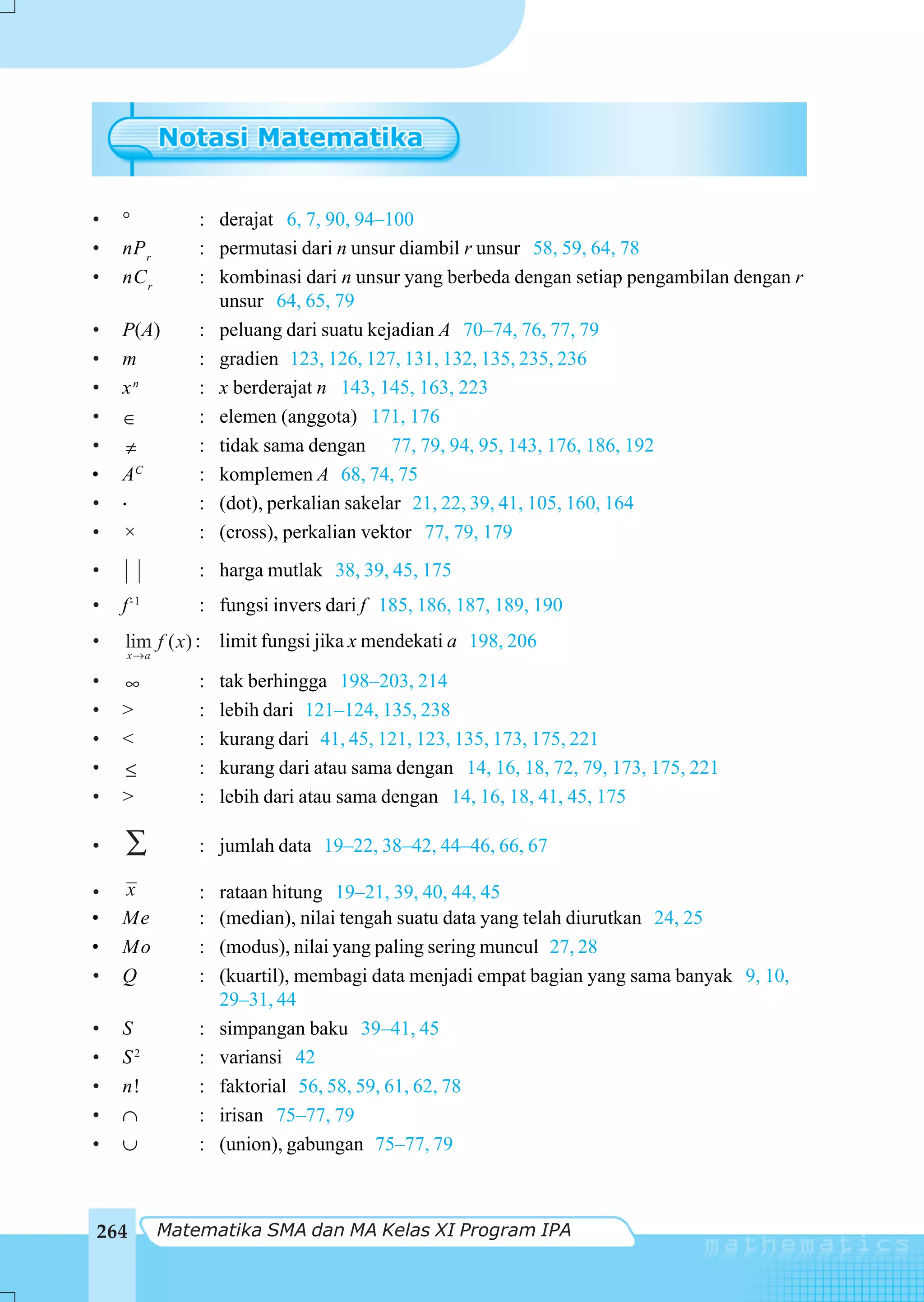 •   °          : derajat 6, 7, 90, 94–100
•   nP r       : permutasi dari n unsur diambil r unsur 58, 59, 64, 78
•   nC r       : kombinasi dari n unsur yang berbeda dengan setiap pengambilan dengan r
                 unsur 64, 65, 79
•   P(A)       : peluang dari suatu kejadian A 70–74, 76, 77, 79
•   m          : gradien 123, 126, 127, 131, 132, 135, 235, 236
•   xn         : x berderajat n 143, 145, 163, 223
•   ∈          : elemen (anggota) 171, 176
•    ≠         : tidak sama dengan 77, 79, 94, 95, 143, 176, 186, 192
•   AC         : komplemen A 68, 74, 75
•   ⋅          : (dot), perkalian sakelar 21, 22, 39, 41, 105, 160, 164
•   ×          : (cross), perkalian vektor 77, 79, 179
•              : harga mutlak 38, 39, 45, 175
•   f -1       : fungsi invers dari f 185, 186, 187, 189, 190
•   lim f ( x) : limit fungsi jika x mendekati a 198, 206
     x→a

•   ∞          :   tak berhingga 198–203, 214
•   >          :   lebih dari 121–124, 135, 238
•   <          :   kurang dari 41, 45, 121, 123, 135, 173, 175, 221
•   ≤          :   kurang dari atau sama dengan 14, 16, 18, 72, 79, 173, 175, 221
•   >          :   lebih dari atau sama dengan 14, 16, 18, 41, 45, 175

•   ∑          : jumlah data 19–22, 38–42, 44–46, 66, 67

•   x          :   rataan hitung 19–21, 39, 40, 44, 45
•   Me         :   (median), nilai tengah suatu data yang telah diurutkan 24, 25
•   Mo         :   (modus), nilai yang paling sering muncul 27, 28
•   Q          :   (kuartil), membagi data menjadi empat bagian yang sama banyak 9, 10,
                   29–31, 44
•   S          :   simpangan baku 39–41, 45
•   S2         :   variansi 42
•   n!         :   faktorial 56, 58, 59, 61, 62, 78
•   ∩          :   irisan 75–77, 79
•   ∪          :   (union), gabungan 75–77, 79



264        Matematika SMA dan MA Kelas XI Program IPA
 