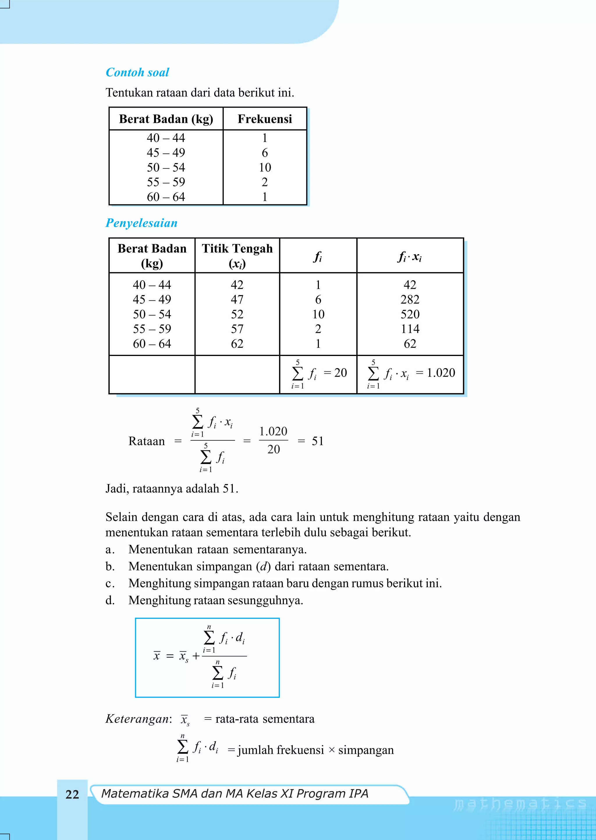 Contoh soal
     Tentukan rataan dari data berikut ini.

       Berat Badan (kg)                         Frekuensi
           40 – 44                                  1
           45 – 49                                  6
           50 – 54                                 10
           55 – 59                                  2
           60 – 64                                  1

     Penyelesaian

       Berat Badan              Titik Tengah
                                                                fi                f i xi
           (kg)                      (xi)
          40 – 44                          42                    1                 42
          45 – 49                          47                    6                282
          50 – 54                          52                   10                520
          55 – 59                          57                    2                114
          60 – 64                          62                    1                 62
                                                            5             5
                                                                fi = 20         fi xi = 1.020
                                                        i 1               i 1


                            5
                           ∑      fi ⋅ xi
                           i=1                      1.020
         Rataan =             5                 =         = 51
                                                      20
                                ∑     fi
                            i=1

     Jadi, rataannya adalah 51.

     Selain dengan cara di atas, ada cara lain untuk menghitung rataan yaitu dengan
     menentukan rataan sementara terlebih dulu sebagai berikut.
     a. Menentukan rataan sementaranya.
     b. Menentukan simpangan (d) dari rataan sementara.
     c. Menghitung simpangan rataan baru dengan rumus berikut ini.
     d. Menghitung rataan sesungguhnya.
                                n
                                ∑      f i ⋅ di
                                i=1
              x = xs +             n
                                    ∑      fi
                                    i= 1



     Keterangan: xs             = rata-rata sementara
                     n
                    ∑      fi ⋅ di = jumlah frekuensi × simpangan
                    i= 1



22   Matematika SMA dan MA Kelas XI Program IPA
 