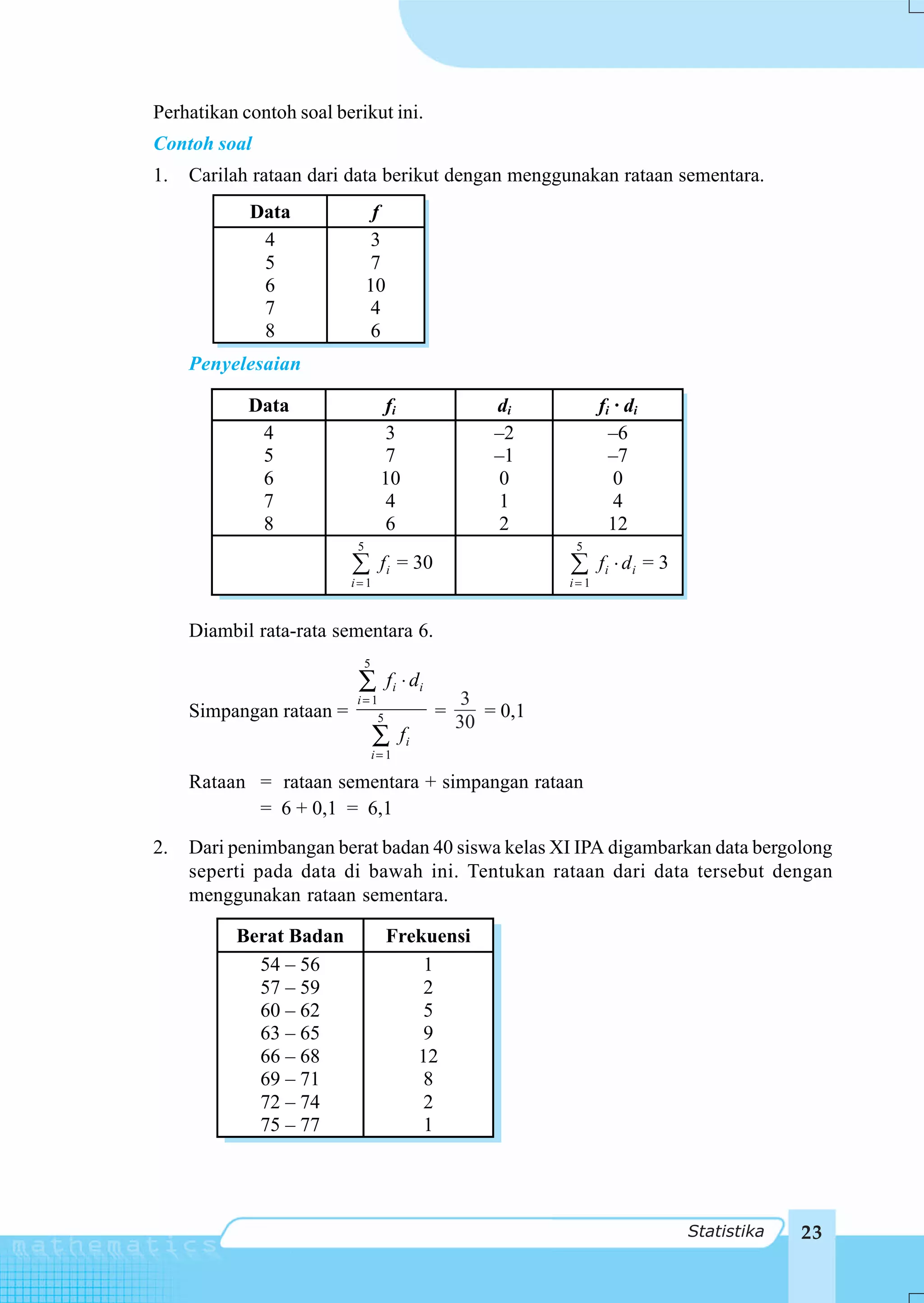 Perhatikan contoh soal berikut ini.
Contoh soal
1.   Carilah rataan dari data berikut dengan menggunakan rataan sementara.
            Data               f
             4                3
             5                7
             6                10
             7                4
             8                6
     Penyelesaian

            Data                fi                   di           f i · di
             4                   3                   –2              –6
             5                   7                   –1              –7
             6                  10                    0               0
             7                   4                    1               4
             8                   6                    2              12
                          5                                 5
                                fi = 30                           fi di = 3
                          i 1                               i 1


     Diambil rata-rata sementara 6.
                           5
                           ∑       fi ⋅ di
                          i=1                     3
     Simpangan rataan =                      =      = 0,1
                             5                   30
                                ∑     fi
                               i= 1

     Rataan = rataan sementara + simpangan rataan
            = 6 + 0,1 = 6,1
2.   Dari penimbangan berat badan 40 siswa kelas XI IPA digambarkan data bergolong
     seperti pada data di bawah ini. Tentukan rataan dari data tersebut dengan
     menggunakan rataan sementara.

          Berat Badan              Frekuensi
            54 – 56                    1
            57 – 59                    2
            60 – 62                    5
            63 – 65                    9
            66 – 68                   12
            69 – 71                    8
            72 – 74                    2
            75 – 77                    1




                                                                              Statistika   23
 