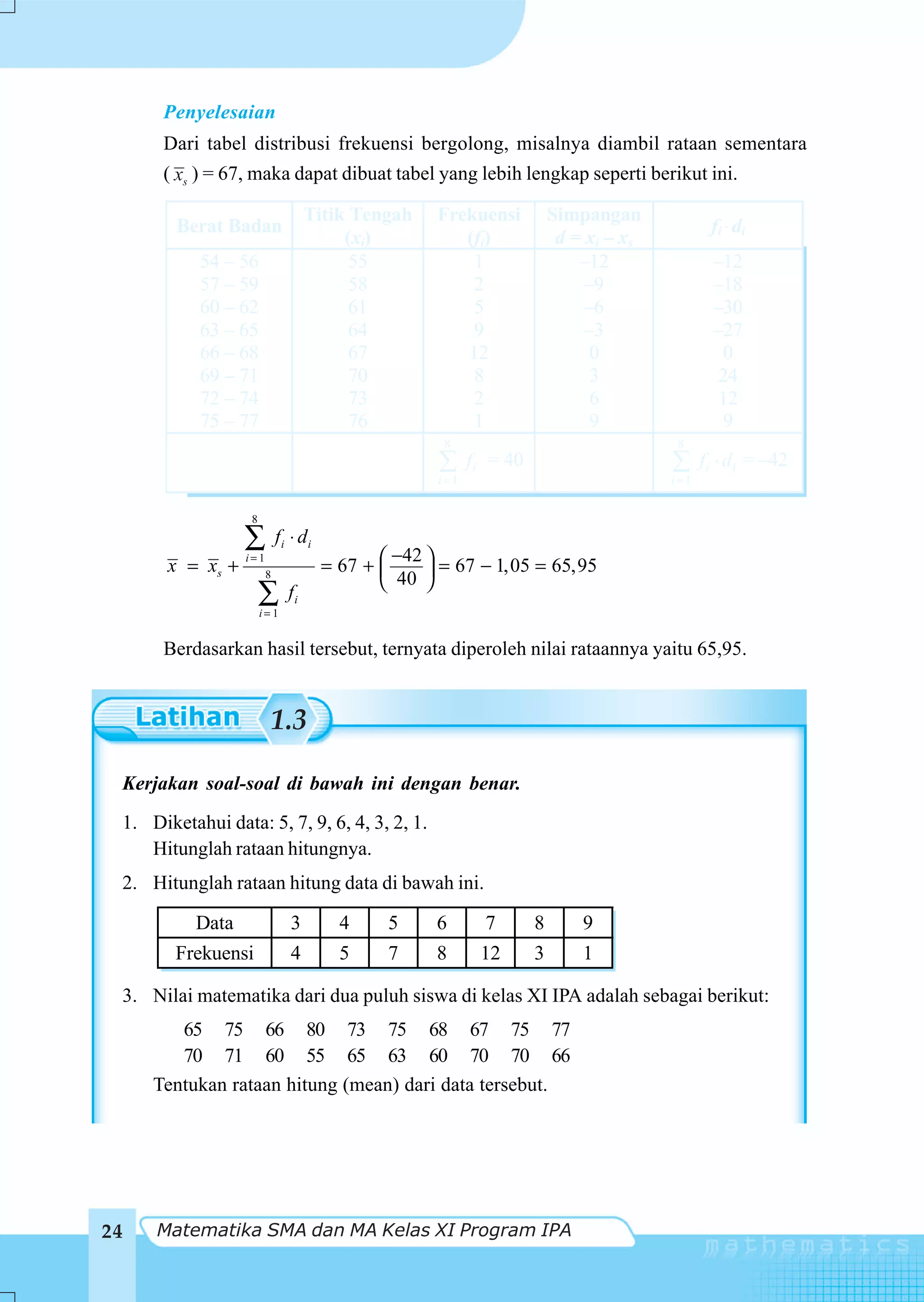 Penyelesaian
      Dari tabel distribusi frekuensi bergolong, misalnya diambil rataan sementara
      ( xs ) = 67, maka dapat dibuat tabel yang lebih lengkap seperti berikut ini.

                                   Titik Tengah    Frekuensi           Simpangan
        Berat Badan                                                                          fi di
                                        (xi)          (fi)              d = xi – xs
           54 – 56                       55            1                   –12               –12
           57 – 59                       58            2                    –9               –18
           60 – 62                       61            5                    –6               –30
           63 – 65                       64            9                    –3               –27
           66 – 68                       67           12                     0                0
           69 – 71                       70            8                     3                24
           72 – 74                       73            2                     6                12
           75 – 77                       76            1                     9                9
                                                    8                                 8
                                                         fi = 40                            fi d i = –42
                                                   i 1                                i 1


                  8

                  ∑         fi ⋅ di
                                               −42 ⎞
                                      = 67 + ⎛
                  i=1
       x = xs +         8                    ⎜ 40 ⎟ = 67 − 1,05 = 65,95
                                             ⎝     ⎠
                      ∑
                      i= 1
                              fi

      Berdasarkan hasil tersebut, ternyata diperoleh nilai rataannya yaitu 65,95.


                        1.3

 Kerjakan soal-soal di bawah ini dengan benar.
 1. Diketahui data: 5, 7, 9, 6, 4, 3, 2, 1.
    Hitunglah rataan hitungnya.
 2. Hitunglah rataan hitung data di bawah ini.

           Data                3        4     5    6       7       8       9
        Frekuensi              4        5     7    8      12       3       1

 3. Nilai matematika dari dua puluh siswa di kelas XI IPA adalah sebagai berikut:
        65 75 66 80 73 75 68 67 75 77
        70 71 60 55 65 63 60 70 70 66
     Tentukan rataan hitung (mean) dari data tersebut.




24   Matematika SMA dan MA Kelas XI Program IPA
 