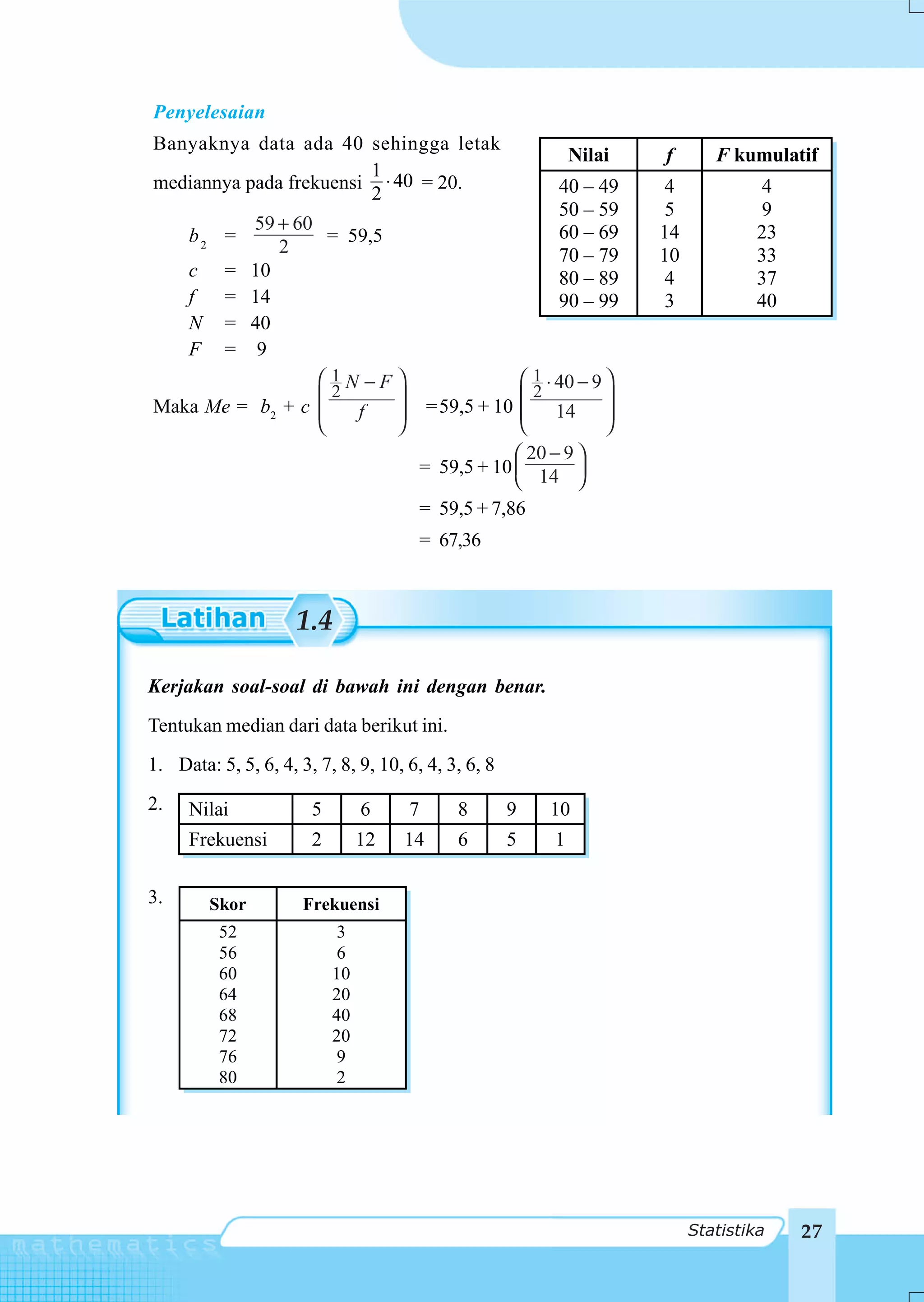 Penyelesaian
Banyaknya data ada 40 sehingga letak
                                                             Nilai   f       F kumulatif
                        1
mediannya pada frekuensi ⋅ 40 = 20.                       40 – 49     4            4
                        2
                                                          50 – 59     5            9
                59 + 60                                   60 – 69    14           23
     b2 =               = 59,5
                   2                                      70 – 79    10           33
     c     =    10                                        80 – 89     4           37
     f     =    14                                        90 – 99     3           40
     N     =    40
     F     =     9
                 ⎛ 1N −F ⎞                          ⎛ 1 ⋅ 40 − 9 ⎞
                   2                                  2
Maka Me = b2 + c ⎜
                 ⎜   f
                         ⎟
                         ⎟              =59,5 + 10 ⎜ 14 ⎟
                                                    ⎜            ⎟
                 ⎝       ⎠                          ⎝            ⎠
                                                   ⎛ 20 − 9 ⎞
                                       = 59,5 + 10 ⎜ 14 ⎟
                                                   ⎝         ⎠
                                       = 59,5 + 7,86
                                         = 67,36



                     1.4

Kerjakan soal-soal di bawah ini dengan benar.
Tentukan median dari data berikut ini.
1. Data: 5, 5, 6, 4, 3, 7, 8, 9, 10, 6, 4, 3, 6, 8
2.   Nilai             5        6    7       8       9   10
     Frekuensi         2        12   14      6       5   1

3.       Skor         Frekuensi
          52                3
          56                6
          60               10
          64               20
          68               40
          72               20
          76                9
          80                2




                                                                          Statistika   27
 