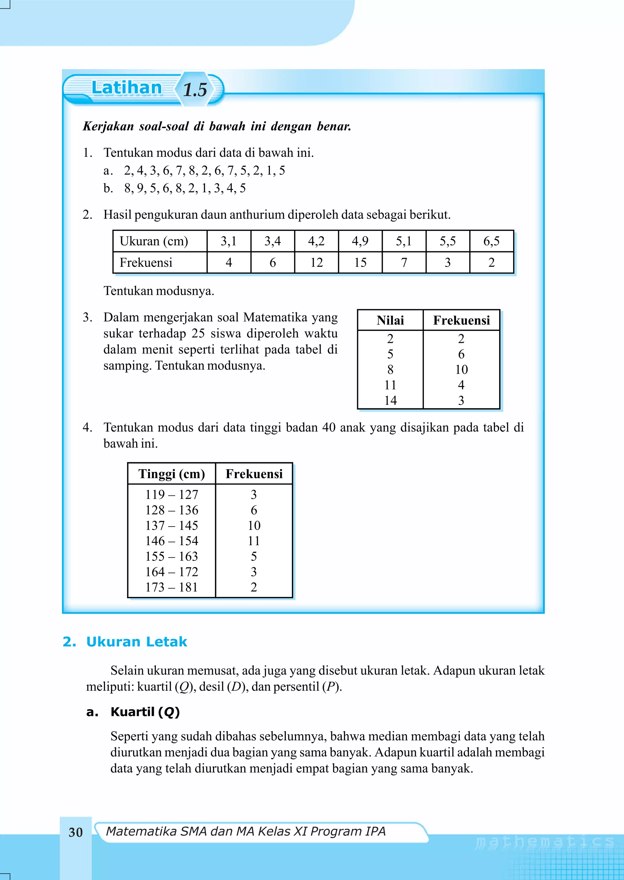 1.5
  Kerjakan soal-soal di bawah ini dengan benar.
  1. Tentukan modus dari data di bawah ini.
     a. 2, 4, 3, 6, 7, 8, 2, 6, 7, 5, 2, 1, 5
     b. 8, 9, 5, 6, 8, 2, 1, 3, 4, 5
  2. Hasil pengukuran daun anthurium diperoleh data sebagai berikut.
          Ukuran (cm)        3,1        3,4   4,2   4,9      5,1    5,5    6,5
          Frekuensi          4          6     12    15        7      3      2

        Tentukan modusnya.
  3. Dalam mengerjakan soal Matematika yang               Nilai    Frekuensi
     sukar terhadap 25 siswa diperoleh waktu                2          2
     dalam menit seperti terlihat pada tabel di             5          6
     samping. Tentukan modusnya.                            8         10
                                                           11          4
                                                           14          3
  4. Tentukan modus dari data tinggi badan 40 anak yang disajikan pada tabel di
     bawah ini.

              Tinggi (cm)    Frekuensi
               119 – 127           3
               128 – 136           6
               137 – 145           10
               146 – 154           11
               155 – 163           5
               164 – 172           3
               173 – 181           2



2. Ukuran Letak

         Selain ukuran memusat, ada juga yang disebut ukuran letak. Adapun ukuran letak
     meliputi: kuartil (Q), desil (D), dan persentil (P).
     a. Kuartil (Q)
         Seperti yang sudah dibahas sebelumnya, bahwa median membagi data yang telah
         diurutkan menjadi dua bagian yang sama banyak. Adapun kuartil adalah membagi
         data yang telah diurutkan menjadi empat bagian yang sama banyak.



30      Matematika SMA dan MA Kelas XI Program IPA
 