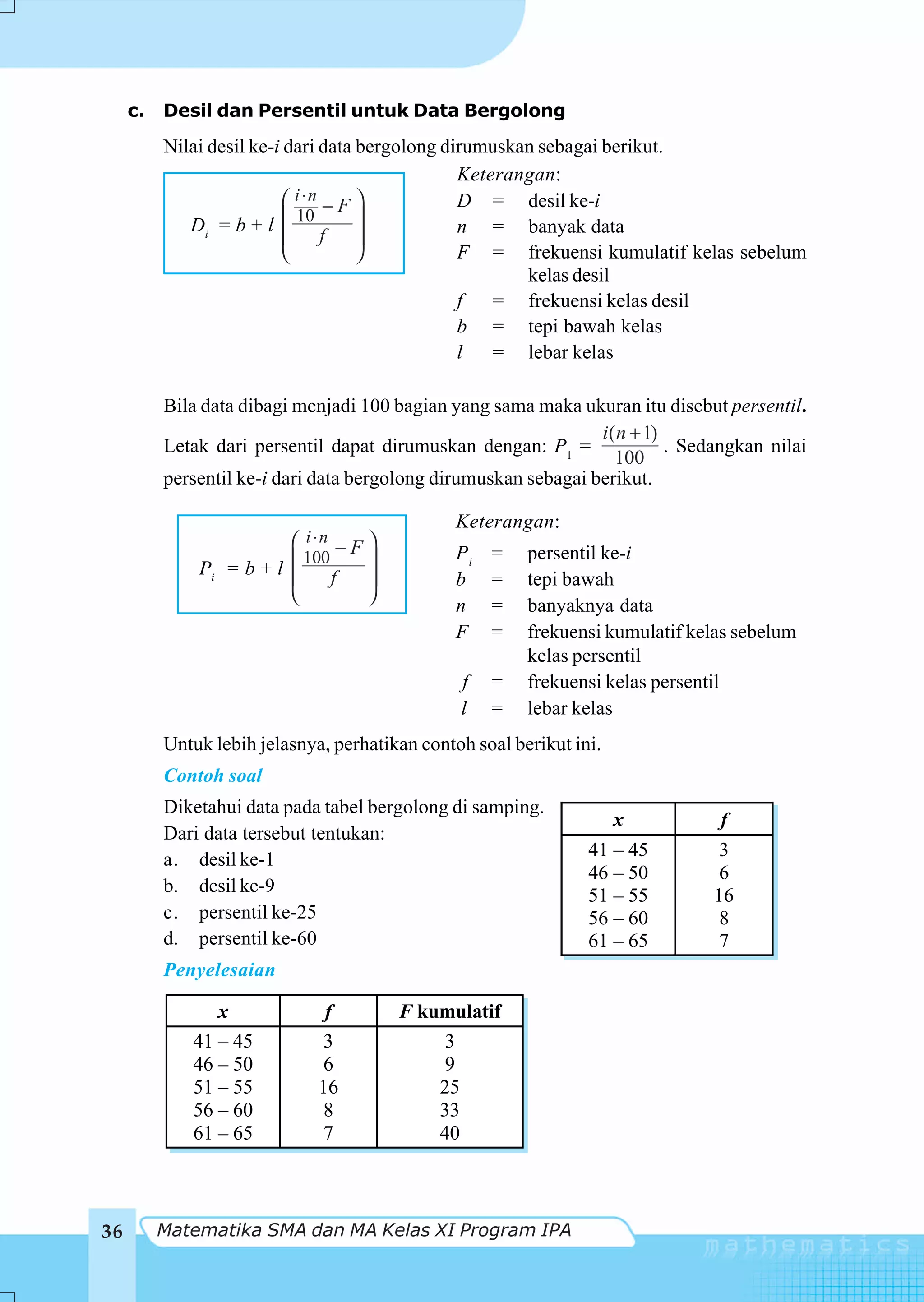 c.   Desil dan Persentil untuk Data Bergolong
          Nilai desil ke-i dari data bergolong dirumuskan sebagai berikut.
                                                 Keterangan:
                           ⎛ i ⋅n − F ⎞          D = desil ke-i
             Di = b + l    ⎜ 10       ⎟          n = banyak data
                           ⎜     f    ⎟
                           ⎝          ⎠          F = frekuensi kumulatif kelas sebelum
                                                        kelas desil
                                                 f   = frekuensi kelas desil
                                                 b = tepi bawah kelas
                                                 l   = lebar kelas

          Bila data dibagi menjadi 100 bagian yang sama maka ukuran itu disebut persentil.
                                                                 i( n + 1)
          Letak dari persentil dapat dirumuskan dengan: P1 =               . Sedangkan nilai
                                                                   100
          persentil ke-i dari data bergolong dirumuskan sebagai berikut.

                                                Keterangan:
                         ⎛ i ⋅n − F ⎞
                                                Pi   =   persentil ke-i
              Pi = b + l ⎜          ⎟
                           100
                         ⎜     f    ⎟           b    =   tepi bawah
                         ⎝          ⎠
                                                n    =   banyaknya data
                                                F    =   frekuensi kumulatif kelas sebelum
                                                         kelas persentil
                                                f    =   frekuensi kelas persentil
                                                l    =   lebar kelas
          Untuk lebih jelasnya, perhatikan contoh soal berikut ini.
          Contoh soal
          Diketahui data pada tabel bergolong di samping.
                                                                      x          f
          Dari data tersebut tentukan:
          a. desil ke-1                                          41 – 45         3
                                                                 46 – 50         6
          b. desil ke-9                                          51 – 55        16
          c. persentil ke-25                                     56 – 60         8
          d. persentil ke-60                                     61 – 65         7
          Penyelesaian

                x              f        F kumulatif
             41 – 45           3             3
             46 – 50           6             9
             51 – 55          16            25
             56 – 60           8            33
             61 – 65           7            40



36        Matematika SMA dan MA Kelas XI Program IPA
 