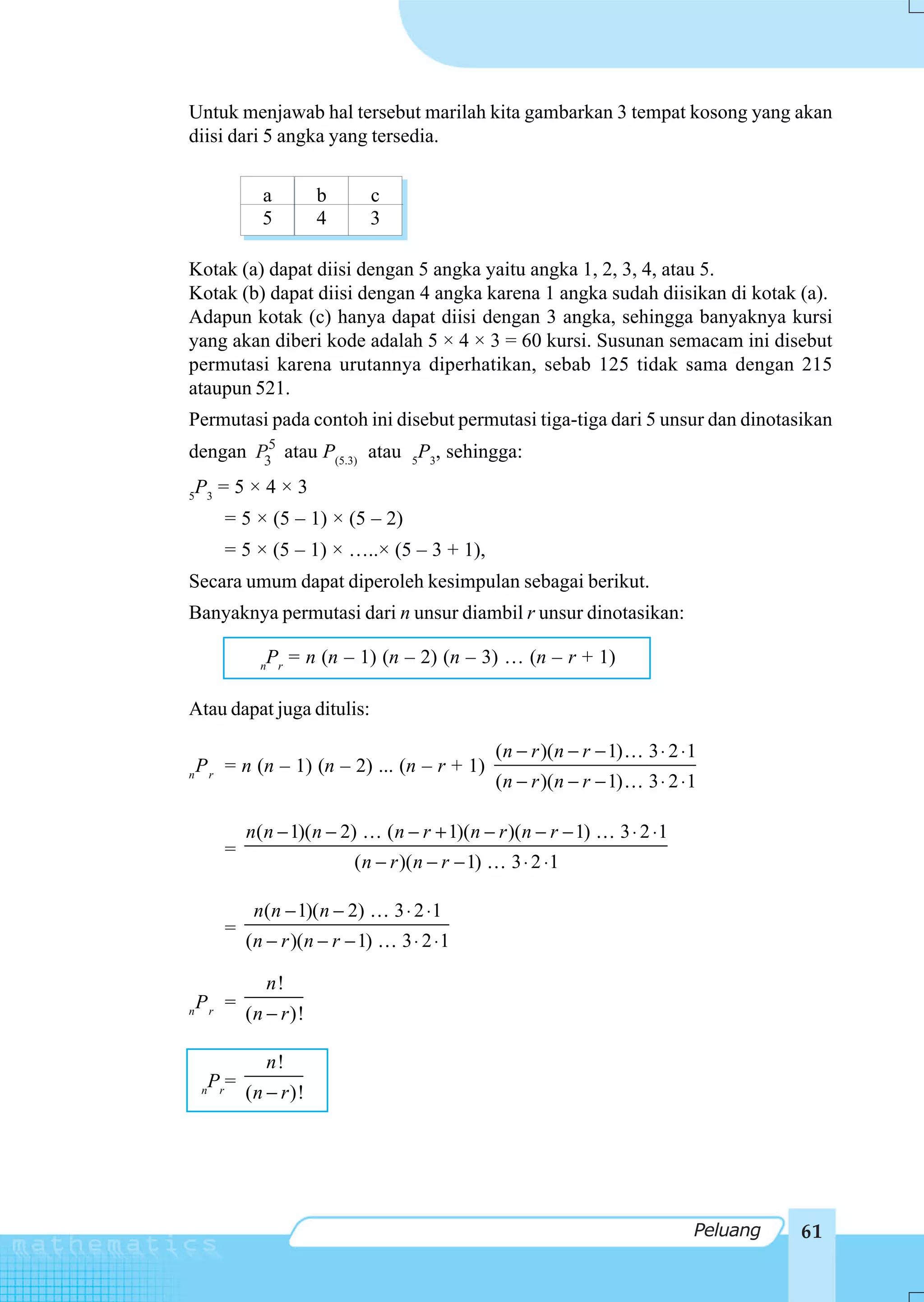 Untuk menjawab hal tersebut marilah kita gambarkan 3 tempat kosong yang akan
diisi dari 5 angka yang tersedia.

                 a          b      c
                 5          4      3

Kotak (a) dapat diisi dengan 5 angka yaitu angka 1, 2, 3, 4, atau 5.
Kotak (b) dapat diisi dengan 4 angka karena 1 angka sudah diisikan di kotak (a).
Adapun kotak (c) hanya dapat diisi dengan 3 angka, sehingga banyaknya kursi
yang akan diberi kode adalah 5 × 4 × 3 = 60 kursi. Susunan semacam ini disebut
permutasi karena urutannya diperhatikan, sebab 125 tidak sama dengan 215
ataupun 521.
Permutasi pada contoh ini disebut permutasi tiga-tiga dari 5 unsur dan dinotasikan
dengan P35 atau P(5.3) atau 5P3, sehingga:

5
    P3 = 5 × 4 × 3
          = 5 × (5 – 1) × (5 – 2)
          = 5 × (5 – 1) × …..× (5 – 3 + 1),
Secara umum dapat diperoleh kesimpulan sebagai berikut.
Banyaknya permutasi dari n unsur diambil r unsur dinotasikan:

                 n
                  Pr = n (n – 1) (n – 2) (n – 3) … (n – r + 1)

Atau dapat juga ditulis:

                                                        (n − r )(n − r − 1)   3 ⋅ 2 ⋅1
n
    P r = n (n – 1) (n – 2) ... (n – r + 1)
                                                        (n − r )(n − r − 1)   3 ⋅ 2 ⋅1

               n( n − 1)( n − 2)       ( n − r + 1)(n − r )(n − r − 1)    3 ⋅ 2 ⋅1
          =
                                ( n − r )( n − r − 1)     3 ⋅ 2 ⋅1

                n(n − 1)( n − 2)        3 ⋅ 2 ⋅1
          =
               (n − r )(n − r − 1)       3 ⋅ 2 ⋅1

                     n!
    Pr =
n              ( n − r )!

                     n!
        Pr =
    n          ( n − r )!




                                                                                     Peluang   61
 