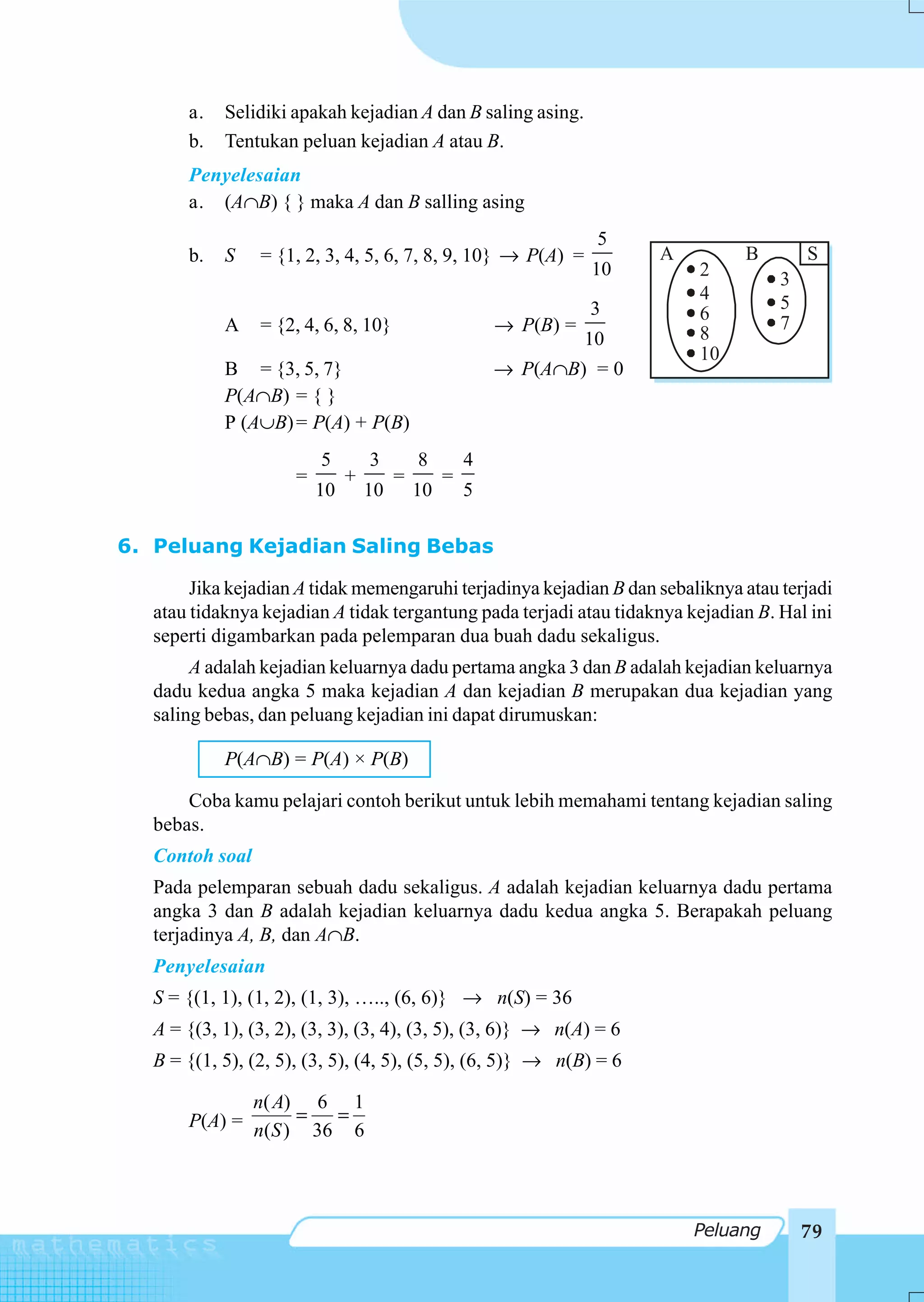 a.   Selidiki apakah kejadian A dan B saling asing.
       b.   Tentukan peluan kejadian A atau B.
       Penyelesaian
       a. (A∩B) { } maka A dan B salling asing
                                                                     5
       b.   S    = {1, 2, 3, 4, 5, 6, 7, 8, 9, 10} → P(A) =              A        B        S
                                                                    10       2         3
                                                                             4         5
                                                                    3        6
            A    = {2, 4, 6, 8, 10}                      → P(B) =                      7
                                                                    10       8
                                                                             10
            B = {3, 5, 7}                                → P(A∩B) = 0
            P(A∩B) = { }
            P (A∪B) = P(A) + P(B)
                          5        3        8        4
                      =        +        =        =
                          10       10       10       5

6. Peluang Kejadian Saling Bebas

        Jika kejadian A tidak memengaruhi terjadinya kejadian B dan sebaliknya atau terjadi
   atau tidaknya kejadian A tidak tergantung pada terjadi atau tidaknya kejadian B. Hal ini
   seperti digambarkan pada pelemparan dua buah dadu sekaligus.
        A adalah kejadian keluarnya dadu pertama angka 3 dan B adalah kejadian keluarnya
   dadu kedua angka 5 maka kejadian A dan kejadian B merupakan dua kejadian yang
   saling bebas, dan peluang kejadian ini dapat dirumuskan:

            P(A∩B) = P(A) × P(B)

       Coba kamu pelajari contoh berikut untuk lebih memahami tentang kejadian saling
   bebas.
   Contoh soal
   Pada pelemparan sebuah dadu sekaligus. A adalah kejadian keluarnya dadu pertama
   angka 3 dan B adalah kejadian keluarnya dadu kedua angka 5. Berapakah peluang
   terjadinya A, B, dan A∩B.
   Penyelesaian
   S = {(1, 1), (1, 2), (1, 3), ….., (6, 6)} → n(S) = 36
   A = {(3, 1), (3, 2), (3, 3), (3, 4), (3, 5), (3, 6)} → n(A) = 6
   B = {(1, 5), (2, 5), (3, 5), (4, 5), (5, 5), (6, 5)} → n(B) = 6

              n( A) 6 1
       P(A) = n(S ) = 36 = 6




                                                                             Peluang       79
 