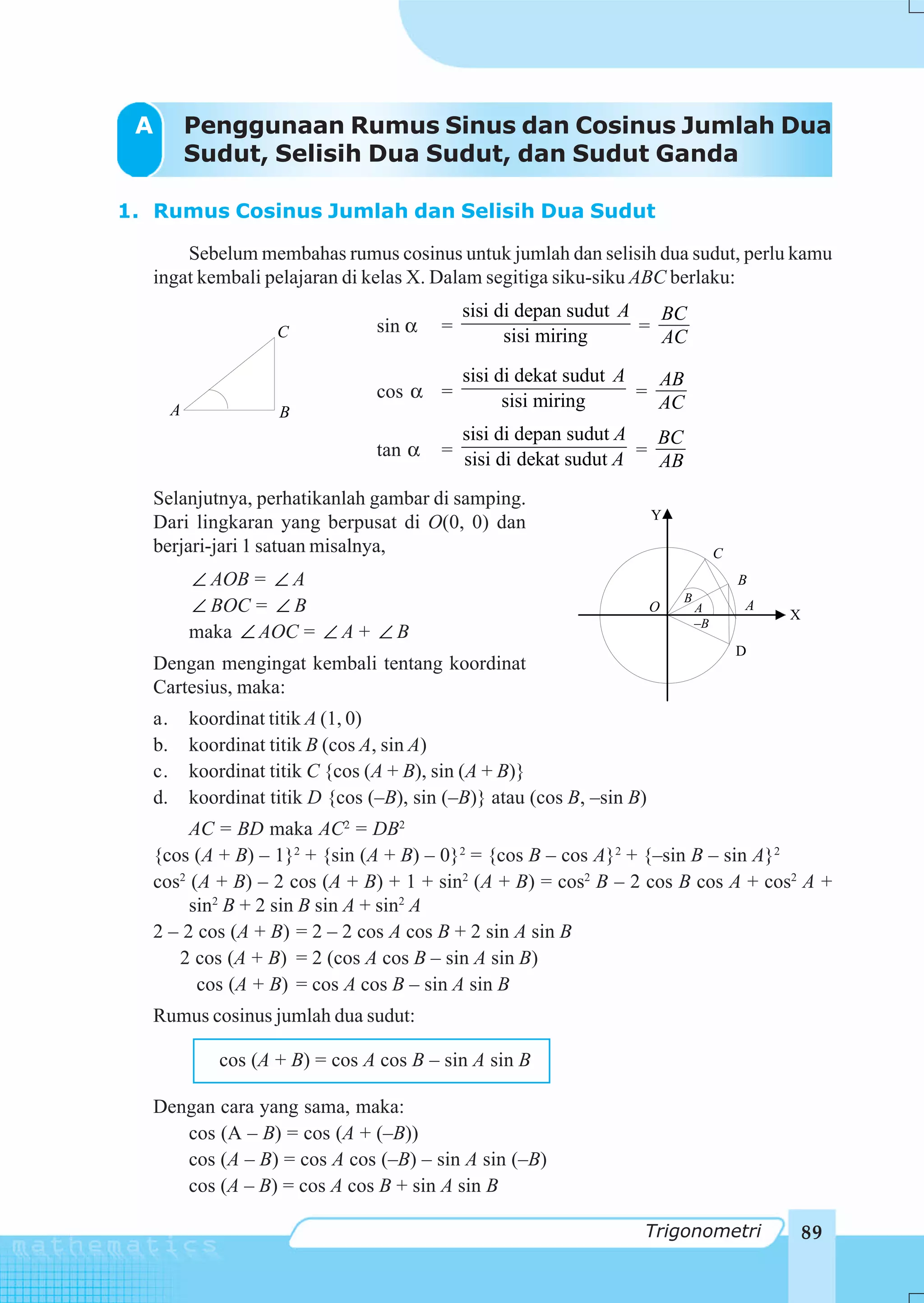 A         Penggunaan Rumus Sinus dan Cosinus Jumlah Dua
           Sudut, Selisih Dua Sudut, dan Sudut Ganda

1. Rumus Cosinus Jumlah dan Selisih Dua Sudut

      Sebelum membahas rumus cosinus untuk jumlah dan selisih dua sudut, perlu kamu
  ingat kembali pelajaran di kelas X. Dalam segitiga siku-siku ABC berlaku:
                                               sisi di depan sudut A   BC
                      C            sin α   =                         =
                                                     sisi miring       AC
                                               sisi di dekat sudut A   AB
                                   cos α =           sisi miring     =
       A              B
                                                                       AC
                                             sisi di depan sudut A   BC
                                   tan α   = sisi di dekat sudut A =
                                                                     AB
  Selanjutnya, perhatikanlah gambar di samping.
                                                                         Y
  Dari lingkaran yang berpusat di O(0, 0) dan
  berjari-jari 1 satuan misalnya,                                                     C
           ∠ AOB = ∠ A                                                                    B
                                                                             B
           ∠ BOC = ∠ B                                                   O       A        A
                                                                                              X
                                                                                 –B
           maka ∠ AOC = ∠ A + ∠ B
                                                                                          D
  Dengan mengingat kembali tentang koordinat
  Cartesius, maka:
  a.       koordinat titik A (1, 0)
  b.       koordinat titik B (cos A, sin A)
  c.       koordinat titik C {cos (A + B), sin (A + B)}
  d.       koordinat titik D {cos (–B), sin (–B)} atau (cos B, –sin B)
       AC = BD maka AC2 = DB2
  {cos (A + B) – 1}2 + {sin (A + B) – 0}2 = {cos B – cos A}2 + {–sin B – sin A}2
  cos2 (A + B) – 2 cos (A + B) + 1 + sin2 (A + B) = cos2 B – 2 cos B cos A + cos2 A +
       sin2 B + 2 sin B sin A + sin2 A
  2 – 2 cos (A + B) = 2 – 2 cos A cos B + 2 sin A sin B
     2 cos (A + B) = 2 (cos A cos B – sin A sin B)
        cos (A + B) = cos A cos B – sin A sin B
  Rumus cosinus jumlah dua sudut:

              cos (A + B) = cos A cos B – sin A sin B

  Dengan cara yang sama, maka:
     cos (A – B) = cos (A + (–B))
     cos (A – B) = cos A cos (–B) – sin A sin (–B)
     cos (A – B) = cos A cos B + sin A sin B

                                                                     Trigonometri                 89
 