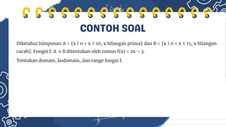 CONTOH SOAL
Diketahui himpunan A = {x | 0 < x ≤ 10, x bilangan prima} dan B = {x | 0 < x ≤ 15, x bilangan
cacah}. Fungsi f: A → B ditentukan oleh rumus f(x) = 2x – 3.
Tentukan domain, kodomain, dan range fungsi f.
 