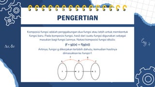 PENGERTIAN
Komposisi fungsi adalah penggabungan dua fungsi atau lebih untuk membentuk
fungsi baru. Pada komposisi fungsi, hasil dari suatu fungsi digunakan sebagai
masukan bagi fungsi lainnya. Notasi komposisi fungsi ditulis:
Artinya, fungsi g dikerjakan terlebih dahulu, kemudian hasilnya
dimasukkan ke fungsi f.
(f ∘ g)(x) = f(g(x))
 