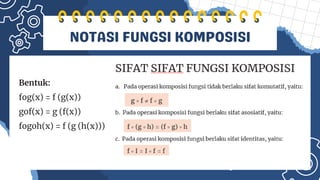 NOTASI FUNGSI KOMPOSISI
Bentuk:
fog(x) = f (g(x))
gof(x) = g (f(x))
fogoh(x) = f (g (h(x)))
 