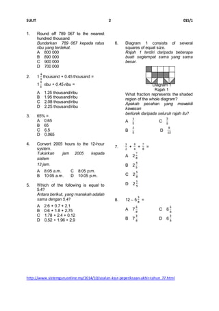 Kertas Ujian Matematik Kertas 1 Tahun 5 KSSR