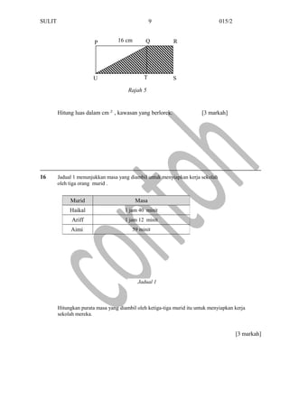 16 cm
U T S
RQP
SULIT 015/2
Hitung luas dalam cm 2
, kawasan yang berlorek. [3 markah]
16 Jadual 1 menunjukkan masa yang diambil untuk menyiapkan kerja sekolah
oleh tiga orang murid .
Hitungkan purata masa yang diambil oleh ketiga-tiga murid itu untuk menyiapkan kerja
sekolah mereka.
[3 markah]
Murid Masa
Haikal 1 jam 40 minit
Ariff 1 jam 12 minit
Aimi 59 minit
9
Rajah 5
Jadual 1
 