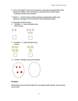 MODUL MATEMATIK AWAL
4
6. Guru memanggil 2 orang murid yang lain ( gula-gula yang diperolehi sama
banyak) ke depan untuk membanding gula-gula yang mereka dapat.
” Gula-gula mereka sama banyak”
7. Aktiviti 1 – 5 boleh diulang dengan dengan menggunakan objek yang
berlainan sehingga murid-murid boleh membuat perbandingan.
8. Cadangan lembaran kerja :
a. Tandakan ( √ ) pada bilangan yang
lebih banyak.
b. Tandakan ( √ ) pada bilangan yang
kurang.
C. Lukiskan bilangan yang sama banyak
Penilaian
Membanding dua kumpulan objek dan menyatakan lebih banyak, sama banyak
dan kurang.
=
 