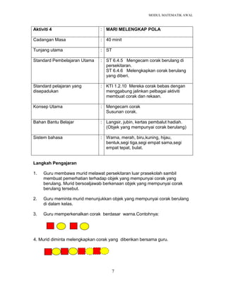 MODUL MATEMATIK AWAL
7
Aktiviti 4 : MARI MELENGKAP POLA
Cadangan Masa : 40 minit
Tunjang utama : ST
Standard Pembelajaran Utama : ST 6.4.5 Mengecam corak berulang di
persekitaran.
ST 6.4.6 Melengkapkan corak berulang
yang diberi.
Standard pelajaran yang
disepadukan
: KTI 1.2.10 Mereka corak bebas dengan
menggabung jalinkan pelbagai aktiviti
membuat corak dan rekaan.
Konsep Utama : Mengecam corak
Susunan corak.
Bahan Bantu Belajar : Langsir, jubin, kertas pembalut hadiah.
(Objek yang mempunyai corak berulang)
Sistem bahasa : Warna, merah, biru,kuning, hijau,
bentuk,segi tiga,segi empat sama,segi
empat tepat, bulat.
Langkah Pengajaran
1. Guru membawa murid melawat persekitaran luar prasekolah sambil
membuat pemerhatian terhadap objek yang mempunyai corak yang
berulang. Murid bersoaljawab berkenaan objek yang mempunyai corak
berulang tersebut.
2. Guru meminta murid menunjukkan objek yang mempunyai corak berulang
di dalam kelas.
3. Guru memperkenalkan corak berdasar warna.Contohnya:
4. Murid diminta melengkapkan corak yang diberikan bersama guru.
 