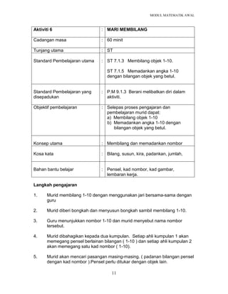 MODUL MATEMATIK AWAL
11
Aktiviti 6 : MARI MEMBILANG
Cadangan masa : 60 minit
Tunjang utama : ST
Standard Pembelajaran utama : ST 7.1.3 Membilang objek 1-10.
ST 7.1.5 Memadankan angka 1-10
dengan bilangan objek yang betul.
Standard Pembelajaran yang
disepadukan
: P.M 9.1.3 Berani melibatkan diri dalam
aktiviti.
Objektif pembelajaran : Selepas proses pengajaran dan
pembelajaran murid dapat:
a) Membilang objek 1-10
b) Memadankan angka 1-10 dengan
bilangan objek yang betul.
Konsep utama : Membilang dan memadankan nombor
Kosa kata : Bilang, susun, kira, padankan, jumlah,
Bahan bantu belajar : Pensel, kad nombor, kad gambar,
lembaran kerja.
Langkah pengajaran
1. Murid membilang 1-10 dengan menggunakan jari bersama-sama dengan
guru
2. Murid diberi bongkah dan menyusun bongkah sambil membilang 1-10.
3. Guru menunjukkan nombor 1-10 dan murid menyebut nama nombor
tersebut.
4. Murid dibahagikan kepada dua kumpulan. Setiap ahli kumpulan 1 akan
memegang pensel berlainan bilangan ( 1-10 ) dan setiap ahli kumpulan 2
akan memegang satu kad nombor ( 1-10).
5. Murid akan mencari pasangan masing-masing. ( padanan bilangan pensel
dengan kad nombor ).Pensel perlu ditukar dengan objek lain.
 