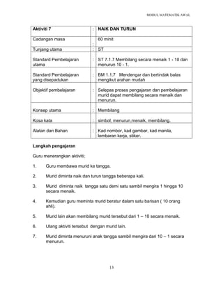MODUL MATEMATIK AWAL
13
Aktiviti 7 : NAIK DAN TURUN
Cadangan masa
:
60 minit
Tunjang utama : ST
Standard Pembelajaran
utama
: ST 7.1.7 Membilang secara menaik 1 - 10 dan
menurun 10 - 1.
Standard Pembelajaran
yang disepadukan
: BM 1.1.7 Mendengar dan bertindak balas
mengikut arahan mudah
Objektif pembelajaran : Selepas proses pengajaran dan pembelajaran
murid dapat membilang secara menaik dan
menurun.
Konsep utama : Membilang
Kosa kata : simbol, menurun,menaik, membilang.
Alatan dan Bahan : Kad nombor, kad gambar, kad manila,
lembaran kerja, stiker.
Langkah pengajaran
Guru menerangkan aktiviti;
1. Guru membawa murid ke tangga.
2. Murid diminta naik dan turun tangga beberapa kali.
3. Murid diminta naik tangga satu demi satu sambil mengira 1 hingga 10
secara menaik.
4. Kemudian guru meminta murid beratur dalam satu barisan ( 10 orang
ahli).
5. Murid lain akan membilang murid tersebut dari 1 – 10 secara menaik.
6. Ulang aktiviti tersebut dengan murid lain.
7. Murid diminta menuruni anak tangga sambil mengira dari 10 – 1 secara
menurun.
 