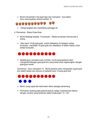 MODUL MATEMATIK AWAL
21
 Murid menambah 2 biji epal hijau dan menyebut ”dua belas”.
Guru menunjukkan simbol nombor 12
 Ulangi langkah dan membilang sehingga 20
4. Permainan : Rebut Gula-Gula
 Murid dibahagi kepada 5 kumpulan . Setiap kumpulan mempunyai 5
orang .
 Satu baris 10 biji gula-gula merah diletakkan di hadapan setiap
kumpulan manakala 10 gula-gula biru diletakkan di dalam bekas untuk
setiap kumpulan.
 Apabila guru menyebut satu nombor, murid yang pertama akan
mengambil bilangan gula-gula biru yang betul untuk digabungkan dengan
gula-gula merah
Contohnya: Guru menyebut 13 . Murid pertama akan mengambil 3 gula-gula
biru dalam bekas dan disusun di sebelah baris 10 gula-gula tadi
 Murid yang cepat dan betul akan dikira sebagai pemenang.
 Permainan diulang pada peserta kedua, ketiga, keempat dan kelima
dengan nombor yang berlainan dalam lingkungan 10 – 20.
 