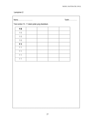 MODUL MATEMATIK AWAL
27
Lampiran 2
MEMAHAMI NOMBOR 10-20:
Nama:………………………. Tarikh:……………
Tulis nombor 10 - 11 dalam petak yang disediakan.
1 0
1 0
1 0
1 0
1 1
1 1
1 1
1 1
1 1
 