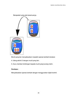 MODUL MATEMATIK AWAL
40
Berapakah yang ada kesemuanya.
Murid yang lain menyelesaikan masalah operasi tambah tersebut.
4. Ulang aktiviti 3 dengan murid yang lain.
5. Guru memberi bimbingan kepada murid yang kurang mahir.
Penilaian :
Menyelesaikan operasi tambah dengan menggunakan objek konkrit.
 