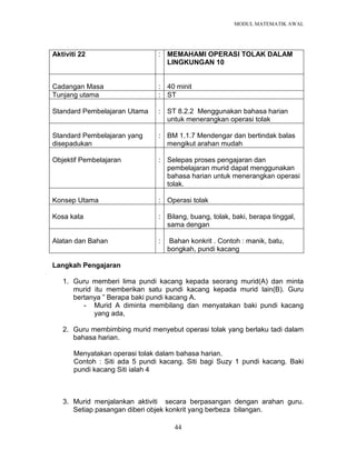 MODUL MATEMATIK AWAL
44
Aktiviti 22 : MEMAHAMI OPERASI TOLAK DALAM
LINGKUNGAN 10
Cadangan Masa : 40 minit
Tunjang utama : ST
Standard Pembelajaran Utama : ST 8.2.2 Menggunakan bahasa harian
untuk menerangkan operasi tolak
Standard Pembelajaran yang
disepadukan
: BM 1.1.7 Mendengar dan bertindak balas
mengikut arahan mudah
Objektif Pembelajaran : Selepas proses pengajaran dan
pembelajaran murid dapat menggunakan
bahasa harian untuk menerangkan operasi
tolak.
Konsep Utama : Operasi tolak
Kosa kata : Bilang, buang, tolak, baki, berapa tinggal,
sama dengan
Alatan dan Bahan : Bahan konkrit . Contoh : manik, batu,
bongkah, pundi kacang
Langkah Pengajaran
1. Guru memberi lima pundi kacang kepada seorang murid(A) dan minta
murid itu memberikan satu pundi kacang kepada murid lain(B). Guru
bertanya ” Berapa baki pundi kacang A.
- Murid A diminta membilang dan menyatakan baki pundi kacang
yang ada,
2. Guru membimbing murid menyebut operasi tolak yang berlaku tadi dalam
bahasa harian.
Menyatakan operasi tolak dalam bahasa harian.
Contoh : Siti ada 5 pundi kacang. Siti bagi Suzy 1 pundi kacang. Baki
pundi kacang Siti ialah 4
3. Murid menjalankan aktiviti secara berpasangan dengan arahan guru.
Setiap pasangan diberi objek konkrit yang berbeza bilangan.
 