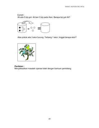 MODUL MATEMATIK AWAL
49
Contoh :
Ali ada 5 biji guli. Ali beri 3 biji pada Atan. Berapa biji guli Ali?
- =
Atas pokok ada 3 ekor burung. Terbang 1 ekor, tinggal berapa ekor?
Penilaian :
Menyelesaikan masalah operasi tolak dengan bantuan pembilang.
 