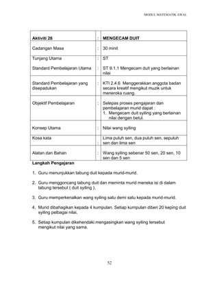 MODUL MATEMATIK AWAL
52
Aktiviti 26 : MENGECAM DUIT
Cadangan Masa : 30 minit
Tunjang Utama
Standard Pembelajaran Utama
:
:
ST
ST 9.1.1 Mengecam duit yang berlainan
nilai
Standard Pembelajaran yang
disepadukan
: KTI 2.4.6 Menggerakkan anggota badan
secara kreatif mengikut muzik untuk
meneroka ruang.
Objektif Pembelajaran : Selepas proses pengajaran dan
pembelajaran murid dapat :
1. Mengecam duit syiling yang berlainan
nilai dengan betul.
Konsep Utama : Nilai wang syiling
Kosa kata
:
Lima puluh sen, dua puluh sen, sepuluh
sen dan lima sen
Alatan dan Bahan : Wang syiling sebenar 50 sen, 20 sen, 10
sen dan 5 sen
Langkah Pengajaran
1. Guru menunjukkan tabung duit kepada murid-murid.
2. Guru menggoncang tabung duit dan meminta murid meneka isi di dalam
tabung tersebut ( duit syiling ).
3. Guru memperkenalkan wang syiling satu demi satu kepada murid-murid.
4. Murid dibahagikan kepada 4 kumpulan. Setiap kumpulan diberi 20 keping duit
syiling pelbagai nilai.
5. Setiap kumpulan dikehendaki mengasingkan wang syiling tersebut
mengikut nilai yang sama.
 