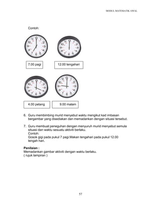 MODUL MATEMATIK AWAL
57
Contoh:
7.00 pagi 12.00 tengahari
4.00 petang 9.00 malam
6. Guru membimbing murid menyebut waktu mengikut kad imbasan
bergambar yang disediakan dan memadankan dengan situasi tersebut.
7. Guru membuat peneguhan dengan menyuruh murid menyebut semula
situasi dan waktu sesuatu aktiviti berlaku.
Contoh:
Gosok gigi pada pukul 7 pagi.Makan tengahari pada pukul 12.00
tengah hari.
Penilaian :
Memadankan gambar aktiviti dengan waktu berlaku.
( rujuk lampiran )
 