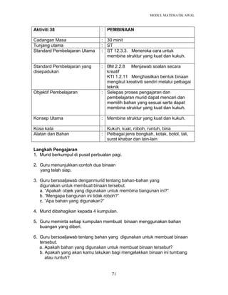 MODUL MATEMATIK AWAL
71
Aktiviti 38 : PEMBINAAN
Cadangan Masa : 30 minit
Tunjang utama : ST
Standard Pembelajaran Utama : ST 12.3.3. Meneroka cara untuk
membina struktur yang kuat dan kukuh.
Standard Pembelajaran yang
disepadukan
: BM 2.2.8 Menjawab soalan secara
kreatif
KTI 1.2.11 Menghasilkan bentuk binaan
mengikut kreativiti sendiri melalui pelbagai
teknik
Objektif Pembelajaran : Selepas proses pengajaran dan
pembelajaran murid dapat mencari dan
memilih bahan yang sesuai serta dapat
membina struktur yang kuat dan kukuh.
Konsep Utama : Membina struktur yang kuat dan kukuh.
Kosa kata : Kukuh, kuat, roboh, runtuh, bina
Alatan dan Bahan : Pelbagai jenis bongkah, kotak, botol, tali,
surat khabar dan lain-lain
Langkah Pengajaran
1. Murid berkumpul di pusat perbualan pagi.
2. Guru menunjukkan contoh dua binaan
yang telah siap.
3. Guru bersoaljawab denganmurid tentang bahan-bahan yang
digunakan untuk membuat binaan tersebut.
a. “Apakah objek yang digunakan untuk membina bangunan ini?”
b. “Mengapa bangunan ini tidak roboh?”
c. “Apa bahan yang digunakan?”
4. Murid dibahagikan kepada 4 kumpulan.
5. Guru meminta setiap kumpulan membuat binaan menggunakan bahan
buangan yang diberi.
6. Guru bersoaljawab tentang bahan yang digunakan untuk membuat binaan
tersebut.
a. Apakah bahan yang digunakan untuk membuat binaan tersebut?
b. Apakah yang akan kamu lakukan bagi mengelakkan binaan ini tumbang
atau runtuh?
 