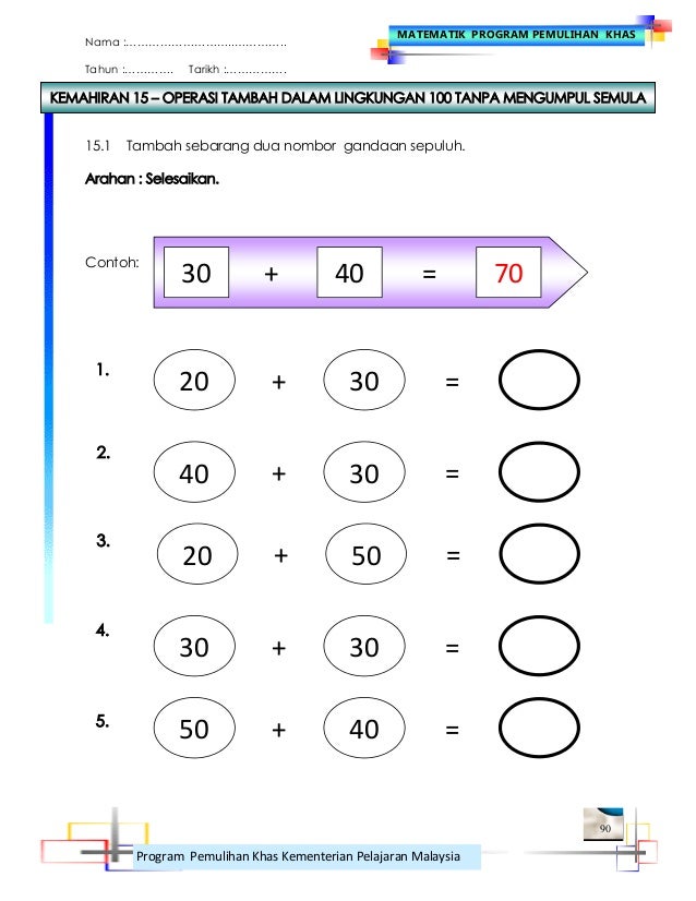 LEMBARAN KERJA MATEMATIK PEMULIHAN KHAS