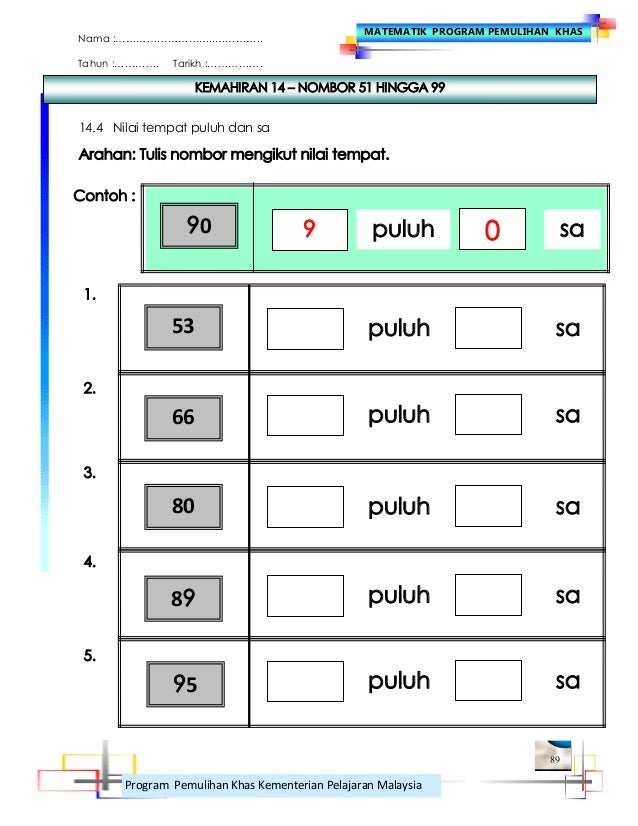 Matematik lembaran kerja pemulihan khas 2013