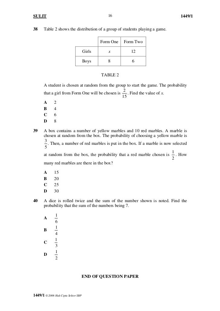 Matematik soalan kertas 1