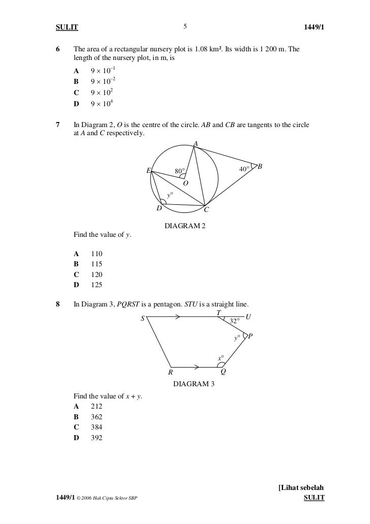 Contoh Soalan Matematik Form 1 Kssm - Selangor a