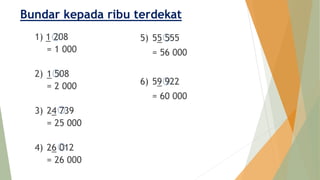 Bundar kepada ribu terdekat
1) 1 208
= 1 000
2) 1 508
= 2 000
3) 24 739
= 25 000
4) 26 012
= 26 000
5) 55 555
= 56 000
6) 59 922
= 60 000
 