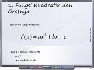 www.tutorsah.com
1
1. Fungsi Kuadratik dan
Grafnya
Bentuk am Fungsi Kuadratik.
2
( )f x ax bx c  
a, b, c = pemalar (constant)
x = pembolehubah
𝒂 ≠ 0
 