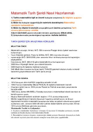 Matematik Tarih Şeridi Nasıl Hazırlanmalı
1) Tarihte matematikle ilgili en önemli buluşları araştırınız.Bu bilgilere aşağıdan
ulaşabilirsin.
2) Bütün bu buluşları uygun küçük resimlerle destekleyiniz.Matematikçi
resimlerini kullanabilirsin
3) Bütün bu bilgileri kronolojik sıraya göre şerit üzerine yerleştiriniz.Tarih
sırasına göre koymayı unutma.
4)Şerit üzerindeki yazının okunaklı ve kalın yazılmasına dikkat ediniz.
5) Çalışmalarınızda yaralandığınız kaynakları mutlaka belirtiniz

TARİH ŞERİDİ İÇİN ARAŞTIRMA KONULARI
MİLATTAN ÖNCE
Matematik sözcüğü, ilk kez, M.Ö. 550 civarında Pisagor okulu üyeleri tarafından
kullanılmıştır.
Yazılı literatüre girmesi, Platon’la birlikte, M.Ö. 380 civarında olmuştur
matematiğin M.Ö. 3000-2000 yılları arasında Mısır ve Mezopotamya’da başladığını
söyleyebiliriz.
Herodotos’a (M.Ö. 485-415) göre matematik Mısır’da başlamıştır
3000 Mısır Hiyeroglif denen yazı sistemi bulundu
3000 Babil’de ilk toplama makinesi kullanıldı
540 Miletli (Batı Anadolu’da liman kenti) THALES geometri okulunu kurdu ve kendi
teoremini geliştirdiMatematik Tarihi Şeridi,örneği
MİLATTAN SONRA
1614 İskoçyalı John NAPİER Logaritma cetvelini ict etti
1642 Fransız matematikçi Blaise PASCAL ilk toplama makinesini icat etti
Olasılığın (prior) tanımı 1654 yılında Pascal ve Fermat arasındaki yazışmalarda
formüle edildi
1855 İskoç James MAXWELL Faraday kanunlarını matematiksel olarak kanıtladı ve
kendi kuramını yazdı.
Meşhur Bernoulli teoremi ve binom dağılımı 1713 yılında ortaya atıldı.
Minifici Logaritmorum Canonis Descripto’’logaritma cetveli tanımı ve iki ayrı
trigonometri ile bütün matematik hesaplarında kolay ve çabuk kullanılmasına genel
açıklaması) adlı, zamanın bilim dili olan Latince olarak kaleme alınmış eser, ilk kez
1614 yılında Edinburg şehrinde yayınlandı.

Matematik Tarihi ve Gelişmeler
1- Sayıların cisimlerden ‘kurtulması’ (örneğin 12 sayısının 12 elmadan ayrılması), insanlık
tarihinin en büyük düşünsel devrimlerinden biridir.
2- Basamak kavramının oluşumu ,matematiğin önünü açmıştır.Basamak olmasaydı,en fazla
tek rakamlı sayılarla yine tek rakamlı sonuçlar veren dört işlem yapabilirdik.

 