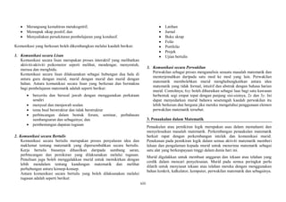 xiii
 Merangsang kemahiran metakognitif;
 Memupuk sikap positif; dan
 Menyediakan persekitaran pembelajaran yang kondusif.
Komunikasi yang berkesan boleh dikembangkan melalui kaedah berikut:
1. Komunikasi secara Lisan
Komunikasi secara lisan merupakan proses interaktif yang melibatkan
aktiviti-aktiviti psikomotor seperti melihat, mendengar, menyentuh,
merasa dan menghidu.
Komunikasi secara lisan dilaksanakan sebagai hubungan dua hala di
antara guru dengan murid, murid dengan murid dan murid dengan
bahan. Antara komunikasi secara lisan yang berkesan dan bermakna
bagi pembelajaran matematik adalah seperti berikut:
 bercerita dan bersoal jawab dengan menggunakan perkataan
sendiri
 menyoal dan menjawab soalan
 temu bual berstruktur dan tidak berstruktur
 perbincangan dalam bentuk forum, seminar, perbahasan
sumbangsaran dan sebagainya; dan
 pembentangan dapatan tugasan
2. Komunikasi secara Bertulis
Komunikasi secara bertulis merupakan proses penyaluran idea dan
maklumat tentang matematik yang dipersembahkan secara bertulis.
Kerja bertulis biasanya dihasilkan daripada sumbang saran,
perbincangan dan pemikiran yang dilaksanakan melalui tugasan.
Penulisan juga boleh menggalakkan murid untuk memikirkan dengan
lebih mendalam tentang kandungan matematik dan melihat
perhubungan antara konsep-konsep.
Antara komunikasi secara bertulis yang boleh dilaksanakan melalui
tugasan adalah seperti berikut:
 Latihan
 Jurnal
 Buku skrap
 Folio
 Portfolio
 Projek
 Ujian bertulis
3. Komunikasi secara Perwakilan
Perwakilan sebagai proses menganalisis sesuatu masalah matematik dan
menterjemahkan daripada satu mod ke mod yang lain. Perwakilan
matematik membolehkan murid menghubungkaitkan antara idea
matematik yang tidak formal, intuitif dan abstrak dengan bahasa harian
murid. Contohnya; 6xy boleh dihuraikan sebagai luas bagi satu kawasan
berbentuk segi empat tepat dengan panjang sisi-sisinya, 2x dan 3y. Ini
dapat menyedarkan murid bahawa sesetengah kaedah perwakilan itu
lebih berkesan dan berguna jika mereka mengetahui penggunaan elemen
perwakilan matematik tersebut.
3. Penaakulan dalam Matematik
Penaakulan atau pemikiran logik merupakan asas dalam memahami dan
menyelesaikan masalah matematik. Perkembangan penaakulan matematik
berkait rapat dengan perkembangan intelek dan komunikasi murid.
Penekanan pada pemikiran logik dalam semua aktiviti matematik memberi
laluan dan pengalaman kepada murid untuk menerima matematik sebagai
satu alat yang berkeupayaan tinggi dalam dunia hari ini.
Murid digalakkan untuk membuat anggaran dan tekaan atau telahan yang
cerdik dalam mencari penyelesaian. Murid pada semua peringkat perlu
dilatih untuk menyiasat tekaan atau telahan mereka dengan menggunakan
bahan konkrit, kalkulator, komputer, perwakilan matematik dan sebagainya.
 