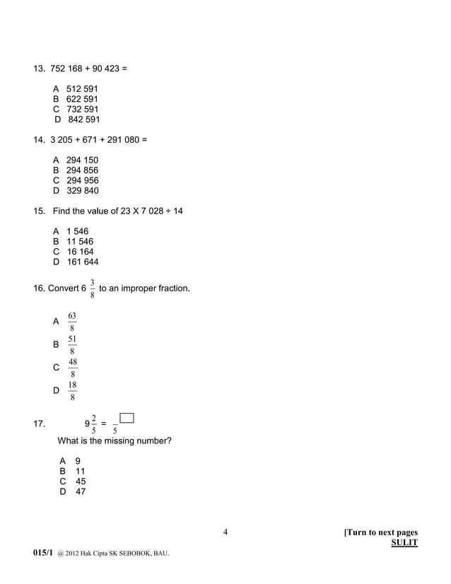 Mathematics year 5 paper 1 penggal 1 | PDF