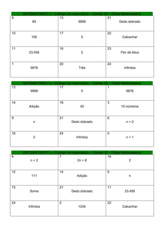 MATEMATINGO V – O bingo da matemática – Cartela 28 – Clube Matemateens
8                       13                             21
         89                         9999                       Dedo dobrado


10                        17                           22
          100                          5                        Calcanhar


11                        16                           23
        23.456                         2                       Flor de lótus


1                         20                           24
         9876                         Três                       Infinitos



     MATEMATINGO V – O bingo da matemática – Cartela 29 – Clube Matemateens
13                      17                             1
        9999                         5                             9876


14                        18                           3
        Adição                         45                      10 números


9                         21                           6
           n                     Dedo dobrado                     n+2


16                        24                           5
           2                        Infinitos                     n+1



     MATEMATINGO V – O bingo da matemática – Cartela 30 – Clube Matemateens
6                       7                              16
        n+2                        2n + 8                           2


12                        14                           9
          111                       Adição                          n


15                        21                           11
         Soma                    Dedo dobrado                    23.456


24                        2                            22
        Infinitos                    1234                       Calcanhar
 