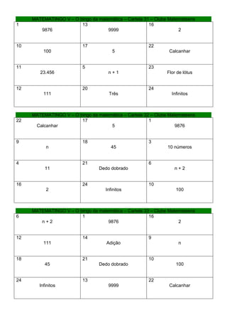 MATEMATINGO V – O bingo da matemática – Cartela 31 – Clube Matemateens
1                       13                             16
        9876                        9999                            2


10                        17                           22
          100                          5                        Calcanhar


11                        5                            23
        23.456                       n+1                       Flor de lótus


12                        20                           24
          111                         Três                       Infinitos



     MATEMATINGO V – O bingo da matemática – Cartela 32 – Clube Matemateens
22                      17                             1
      Calcanhar                      5                             9876


9                         18                           3
           n                           45                      10 números


4                         21                           6
           11                    Dedo dobrado                     n+2


16                        24                           10
           2                        Infinitos                      100



     MATEMATINGO V – O bingo da matemática – Cartela 33 – Clube Matemateens
6                       1                              16
        n+2                         9876                            2


12                        14                           9
          111                       Adição                          n


18                        21                           10
           45                    Dedo dobrado                      100


24                        13                           22
        Infinitos                    9999                       Calcanhar
 