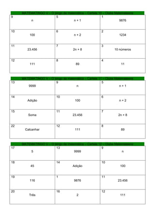 MATEMATINGO V – O bingo da matemática – Cartela 10 – Clube Matemateens
9                       5                              1
         n                          n+1                            9876


10                        6                            2
         100                         n+2                          1234


11                        7                            3
        23.456                       2n + 8                    10 números


12                        8                            4
         111                          89                           11



     MATEMATINGO V – O bingo da matemática – Cartela 11 – Clube Matemateens
13                      9                              5
        9999                         n                             n+1


14                        10                           6
        Adição                        100                         n+2


15                        11                           7
         Soma                       23.456                       2n + 8


22                        12                           8
       Calcanhar                      111                          89



     MATEMATINGO V – O bingo da matemática – Cartela 12 – Clube Matemateens
17                      13                             9
         5                          9999                            n


18                        14                           10
          45                        Adição                        100


19                        1                            11
         116                         9876                        23.456


20                        16                           12
         Três                          2                          111
 