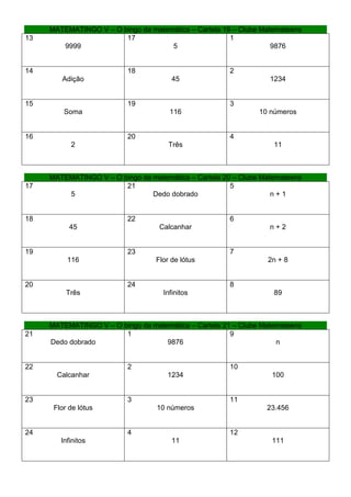 MATEMATINGO V – O bingo da matemática – Cartela 19 – Clube Matemateens
13                      17                             1
        9999                         5                             9876


14                        18                           2
        Adição                         45                         1234


15                        19                           3
         Soma                         116                      10 números


16                        20                           4
           2                          Três                         11



     MATEMATINGO V – O bingo da matemática – Cartela 20 – Clube Matemateens
17                      21                             5
         5                      Dedo dobrado                       n+1


18                        22                           6
           45                      Calcanhar                      n+2


19                        23                           7
          116                     Flor de lótus                  2n + 8


20                        24                           8
          Três                      Infinitos                      89



     MATEMATINGO V – O bingo da matemática – Cartela 21 – Clube Matemateens
21                      1                              9
     Dedo dobrado                   9876                            n


22                        2                            10
       Calcanhar                     1234                         100


23                        3                            11
      Flor de lótus               10 números                     23.456


24                        4                            12
        Infinitos                      11                         111
 