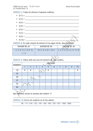 ÀGORA (aula de repàs) - ' 977 114 911 Ainhoa Pérez Estudillo
Av. President Macià, 10
Múltiples	i	divisors	 3	
EXERCICI 7: Troba els divisors d’aquests nombres:
• D(15) = _______________________________________________________
• D(18) = _______________________________________________________
• D(24) = _______________________________________________________
• D(28) = _______________________________________________________
• D(30) = _______________________________________________________
• D(35) = _______________________________________________________
• D(50) = _______________________________________________________
• D(100) = ______________________________________________________
EXERCICI 8: En cada conjunt de divisors hi ha algun intrús, descobreix-los.
DIVISOR DE 24 DIVISOR DE 50 DIVISOR DE 30
1, 2, 3, 4, 5, 6, 7, 8, 9, 10,
11, 12
50, 5, 10, 3, 25, 1, 20, 2 2, 3, 4, 5, 6, 8, 10, 12, 15, 30
EXERCICI 9: Indica amb una creu els divisors de cada nombre.
NOMBRES
DIVISORS
1 2 3 4 5 6 7 8 9 10
10 X X X X
25
26
27
32
60
Què observes mirant la columna del nombre 1?
___________________________________________________________________
EXERCICI 10: Escriu els nombres en el lloc adient:
88 – 111 -1126 – 222 – 243 – 360 – 405 – 555 – 872 – 1408 – 9460
 