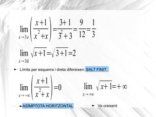 Límits per esquerra i dreta difereixen: SALT FINIT
lim
x→3e(x+1
x
2
+x)=
3+1
3
2
+3
=
9
12
=
1
3
lim
x→3d
√x+1=√3+1=2
lim
...