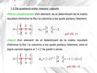 1.3 De qualsevol ordre: menors i adjunts
A=
(
1 2 1
−3 3 0
−2 4 1)
-Menor complementari d'un element: és el determinant de...