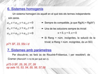 6. Sistemes homogenis
p71 SF, 23, 55c i d
Un sistema homogeni és aquell en el què tots els termes independents
són zeros.
...