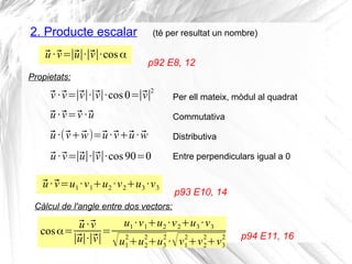 2. Producte escalar
⃗u·⃗v=∣⃗u∣·∣⃗v∣·cosα
p92 E8, 12
Propietats:
⃗v ·⃗v=∣⃗v∣·∣⃗v∣·cos0=∣⃗v∣
2
⃗u·⃗v=⃗v ·⃗u
⃗u·(⃗v+⃗w)=⃗u·⃗v...