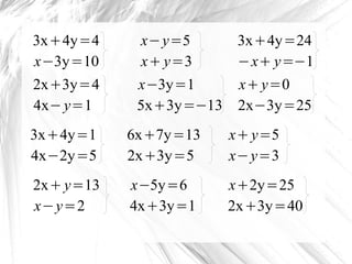 3x+4y=4
x−3y=10
x−y=5
x+ y=3
3x+4y=24
−x+ y=−1
x−3y=1
5x+3y=−13
x+y=0
2x−3y=25
3x+4y=1
4x−2y=5
6x+7y=13
2x+3y=5
x+y=5
x−y=...