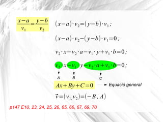 x−a
v1
=
y−b
v2
Equació general
A
(x−a)· v2=( y−b)·v1 ;
(x−a)· v2−( y−b)· v1=0 ;
v2 · x−v2 · a−v1 · y+v1 ·b=0;
v2 · x−v1 ·...